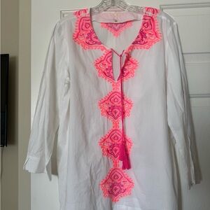 White and Pink Embroidered Lily Pulitzer Women's Top